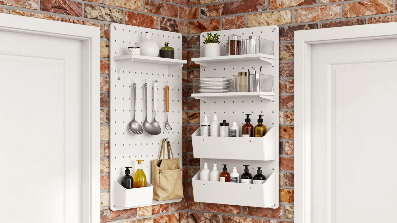 Vertical storage setup with pegboard, shelves, and door organizer