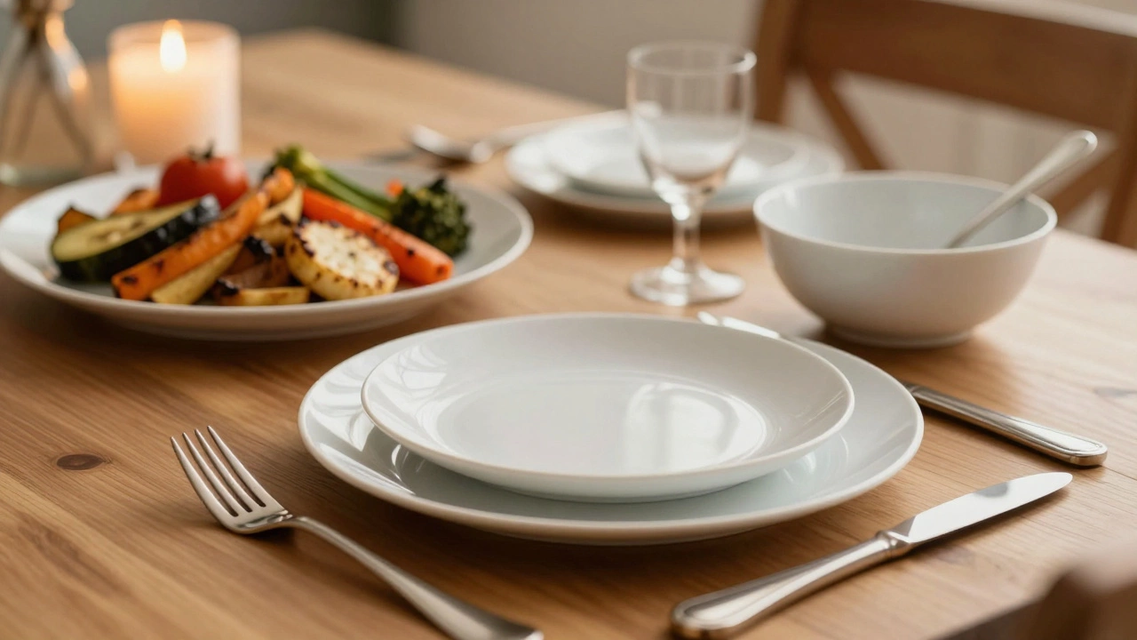 White ceramic plates and cutlery set on a dining table with roasted vegetables