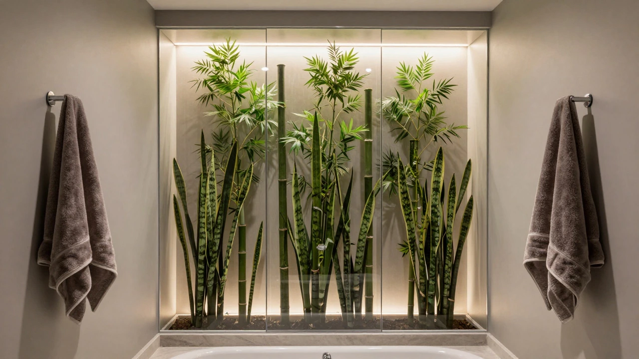 Bathroom layout with tall plants screening a glass partition