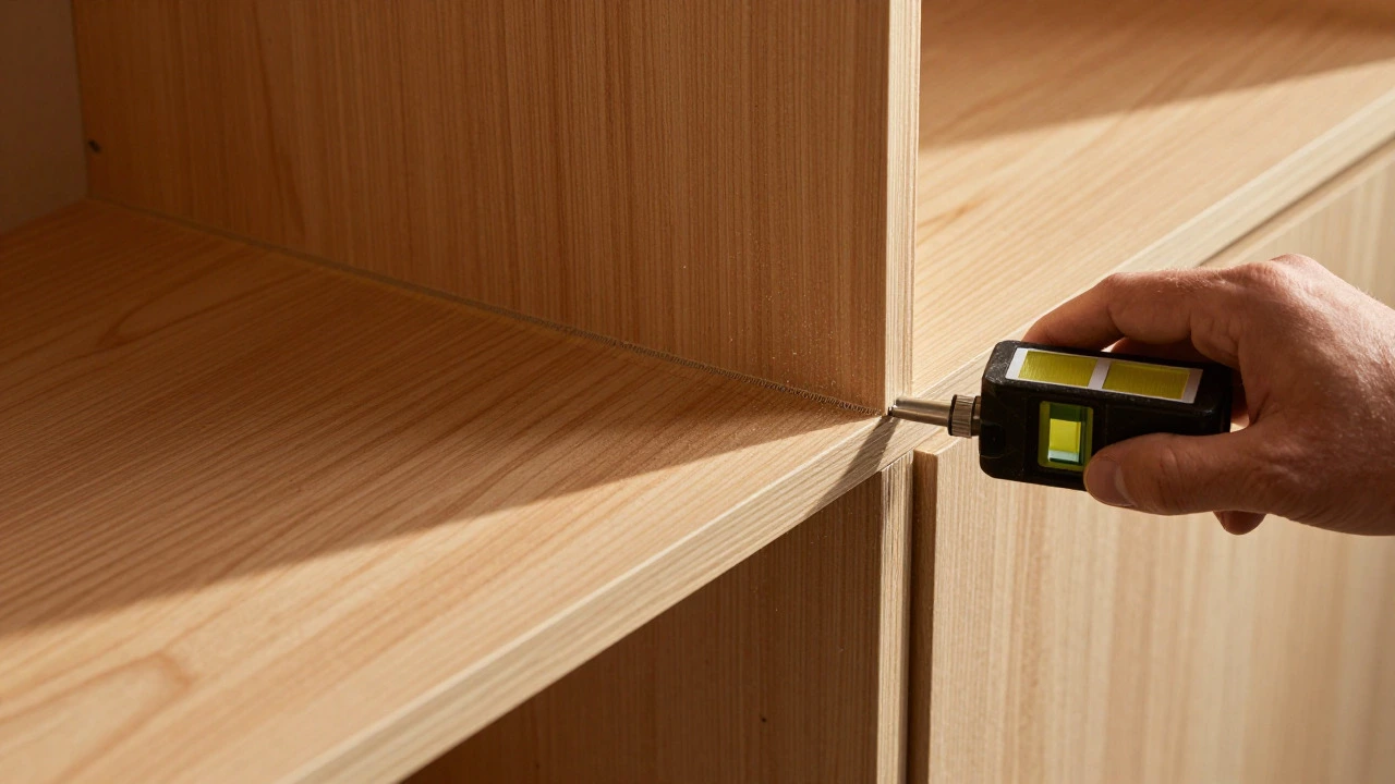 Carpenter using a laser level to install high-quality wooden built-in joinery