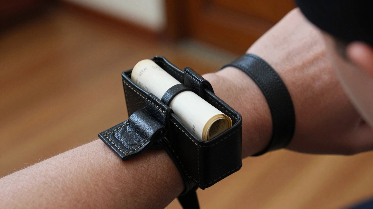 Close-up of black leather tefillin bound to arm and head