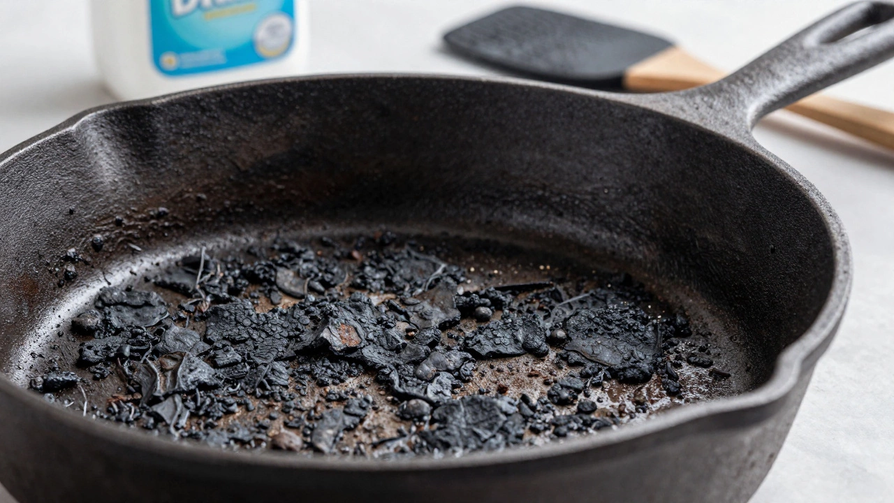 Close-up of blackened burnt residue on a pan