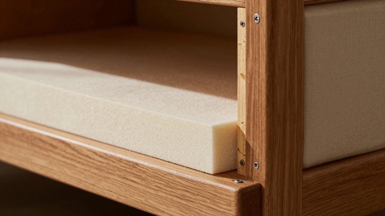 Close-up of solid wood sofa frame and dense foam cushions