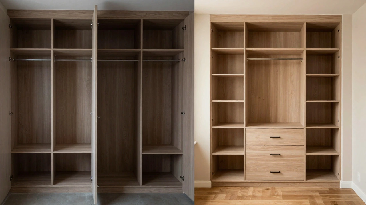 Comparison of cluttered freestanding furniture versus organized built-in storage