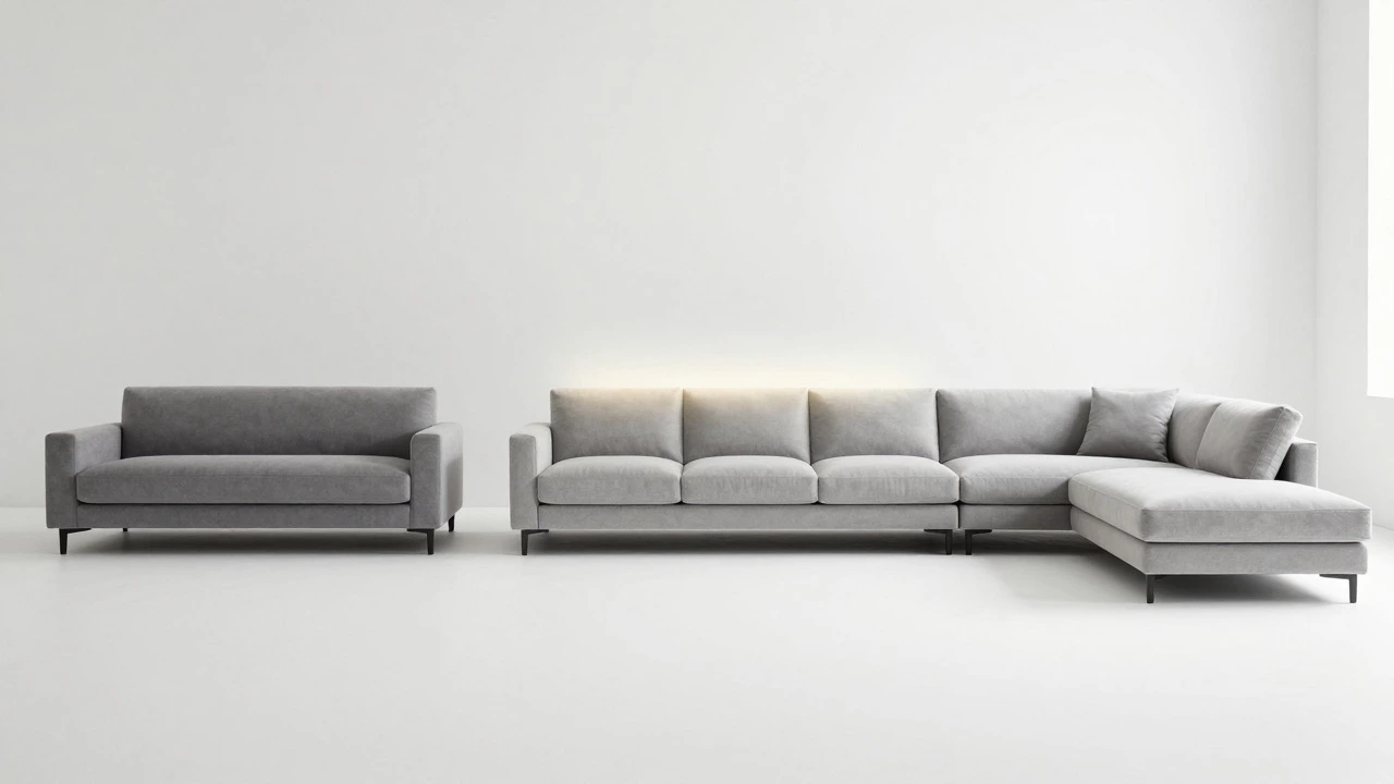 Comparison of loveseat, standard sofa, and sectional sizes in a minimalist white room.