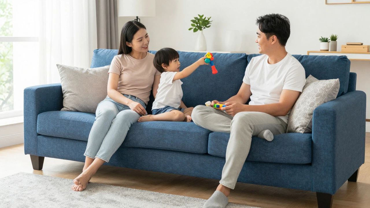 Family relaxing on a durable sofa with a pet in sunlight