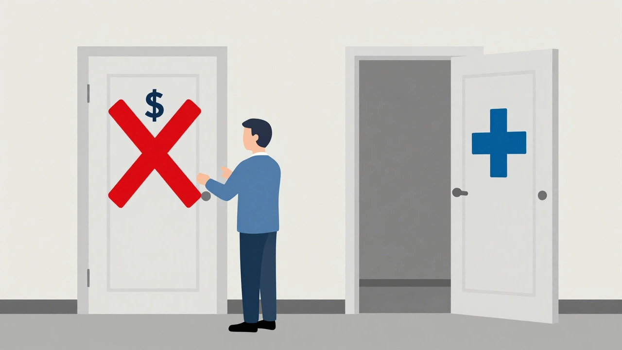 Illustration showing a person choosing between cash benefits and denied medical coverage.