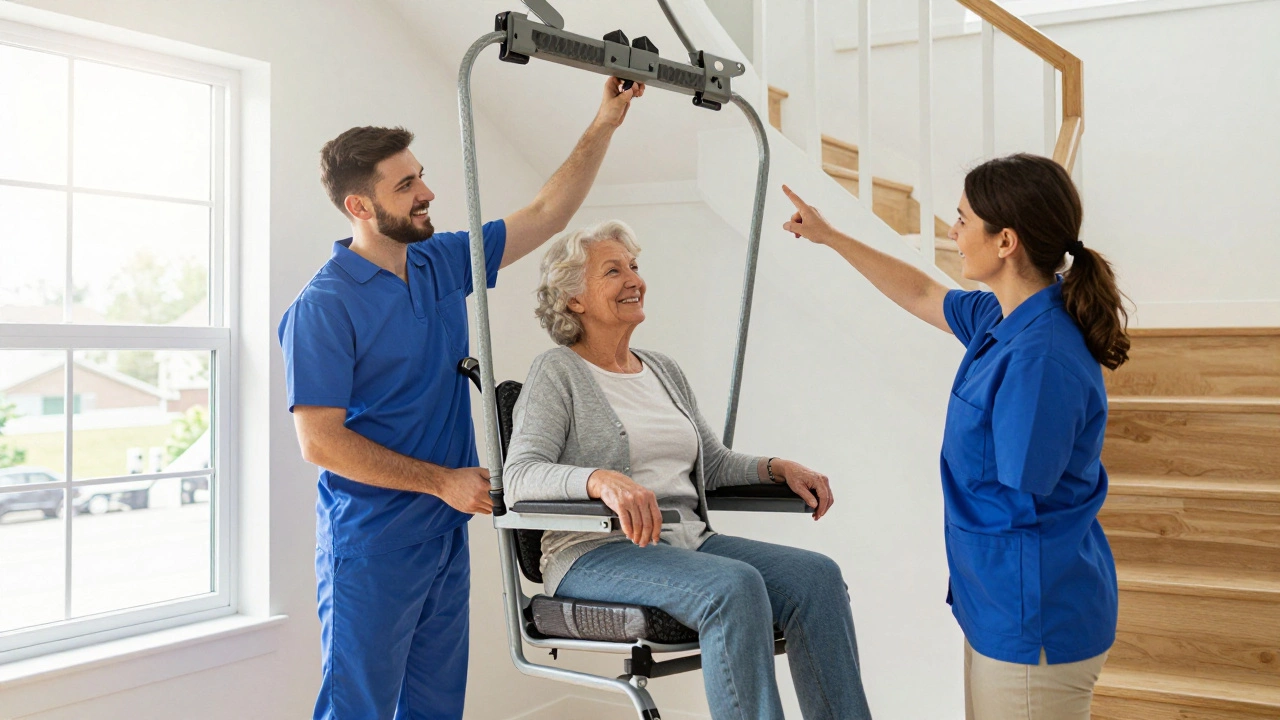 Installer fitting a stairlift while a therapist assists a senior woman on the device.