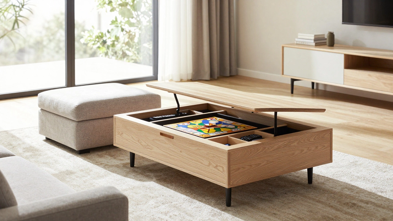 Living room with lift-top coffee table and storage ottoman