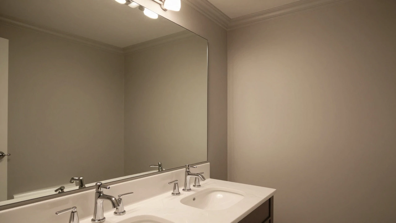 Monochromatic grey bathroom with matching walls and ceiling and large mirror