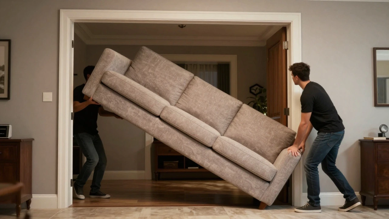 Movers angling a wide sofa through a narrow doorway to demonstrate entry constraints.