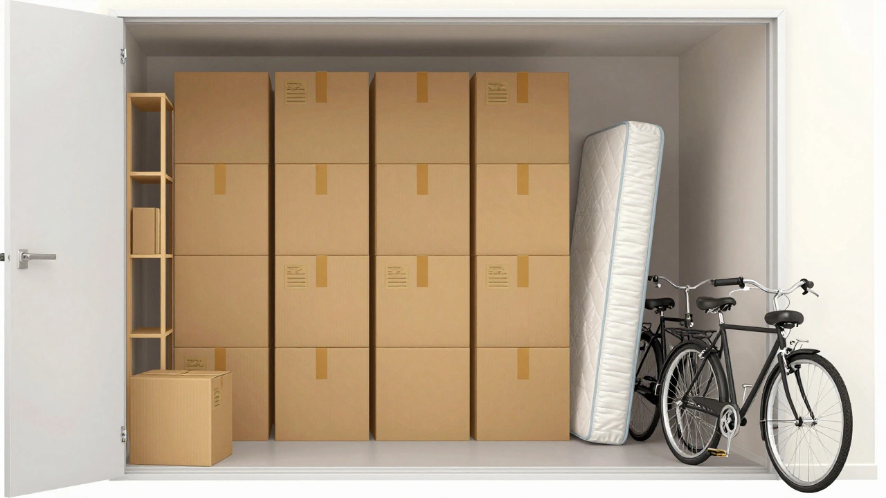 Neatly organized 5x10 storage unit filled with boxes, furniture, and bikes