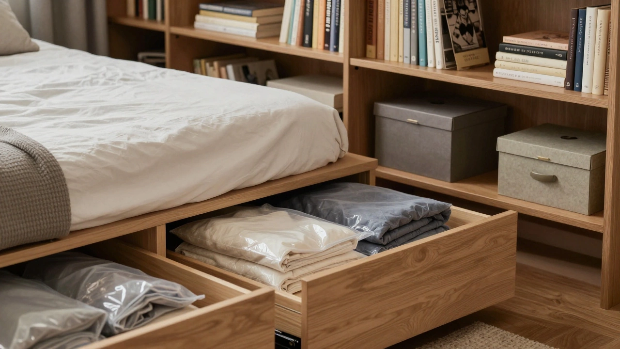 Organized bedroom with under-bed storage and tall bookcase