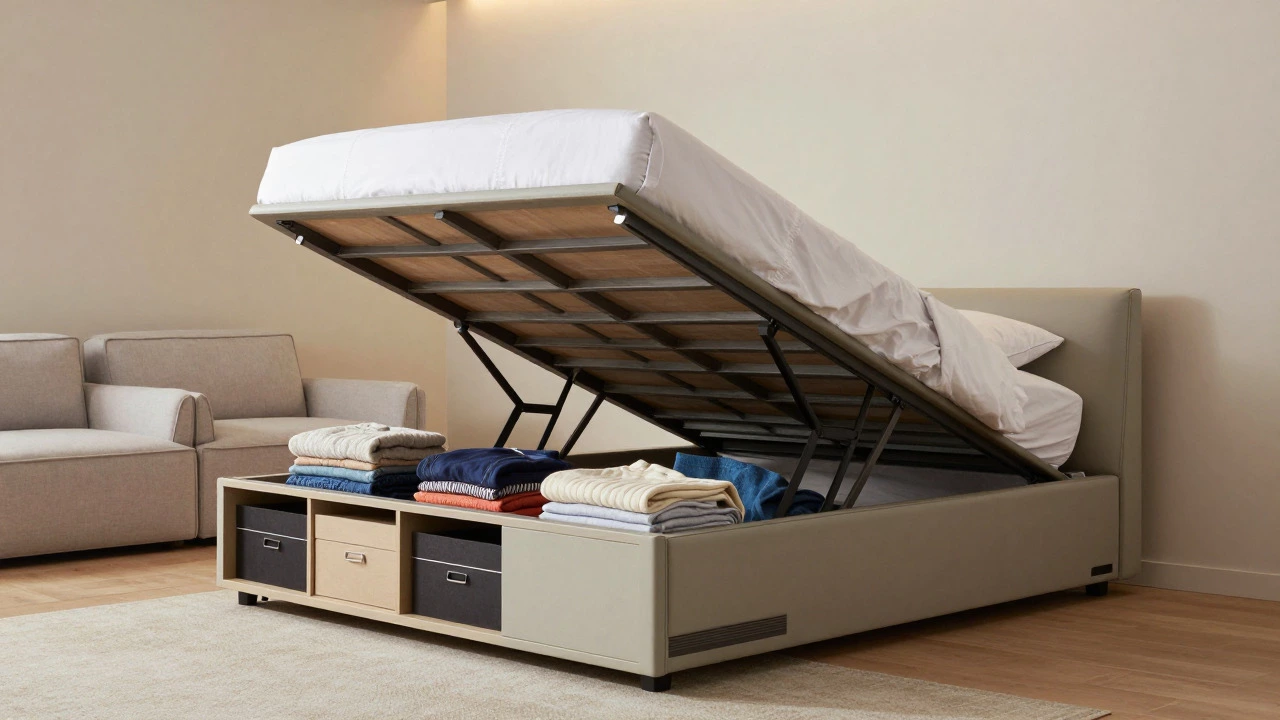Platform bed with open storage compartment revealing folded clothes inside