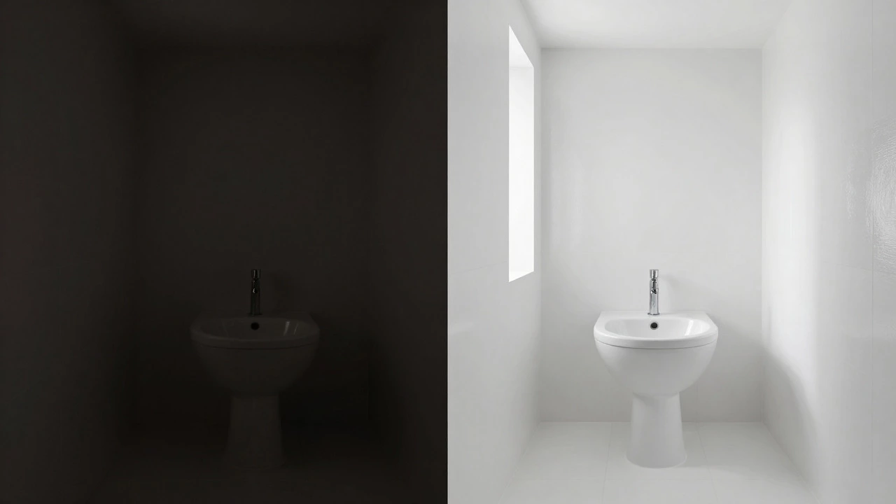 Side-by-side comparison of dark vs light colored bathroom walls showing space perception