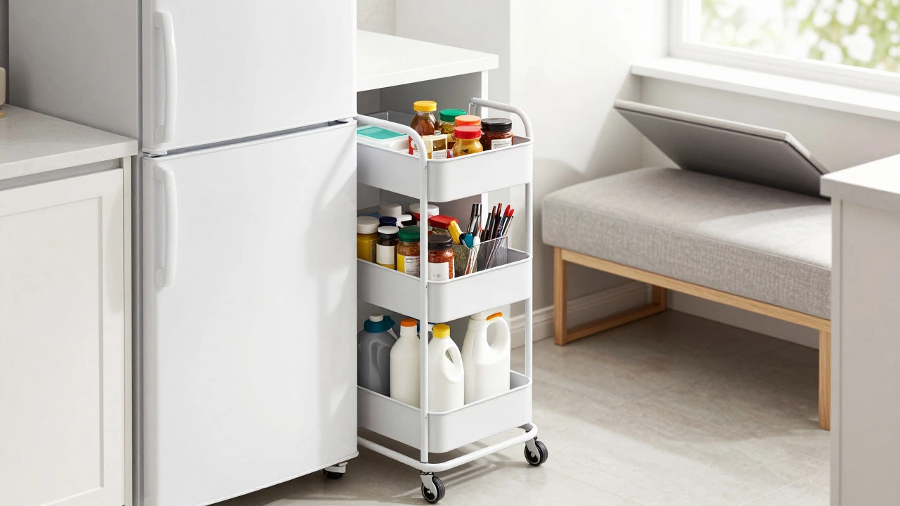 Slim rolling cart organizing items in a narrow kitchen gap beside fridge