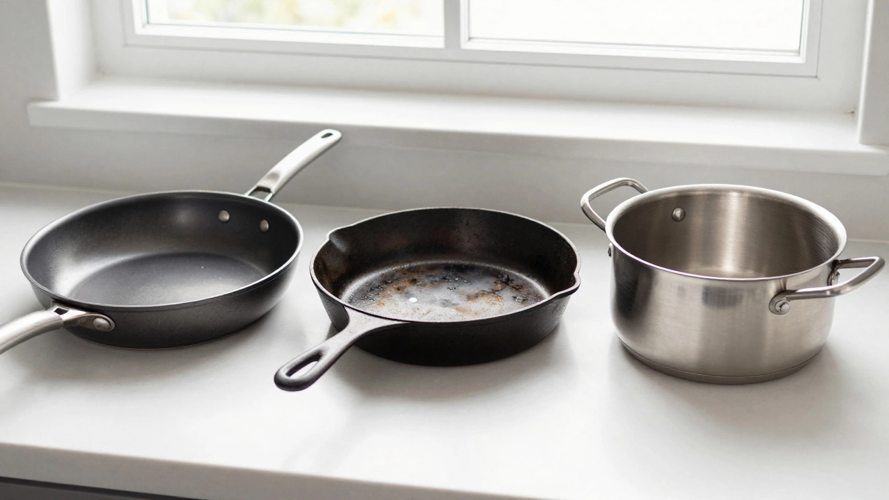 Three different types of cooking pans on a counter
