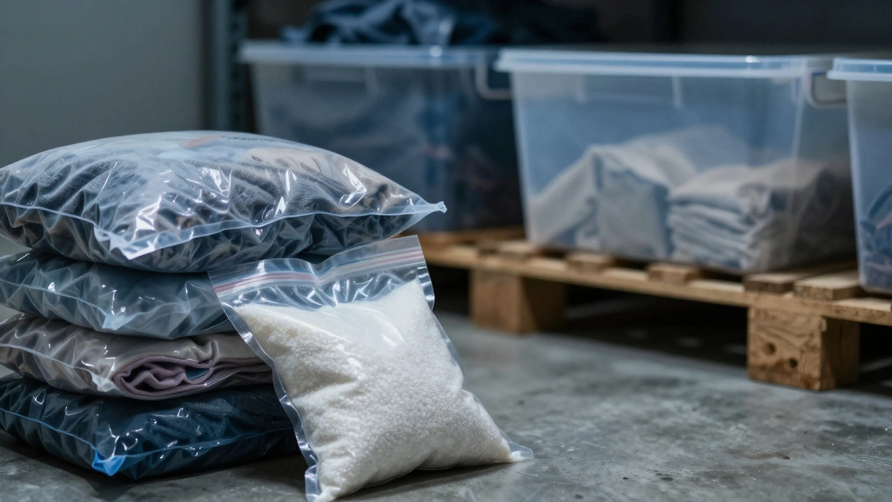 Vacuum-sealed clothes, silica packs, and pallets for moisture protection