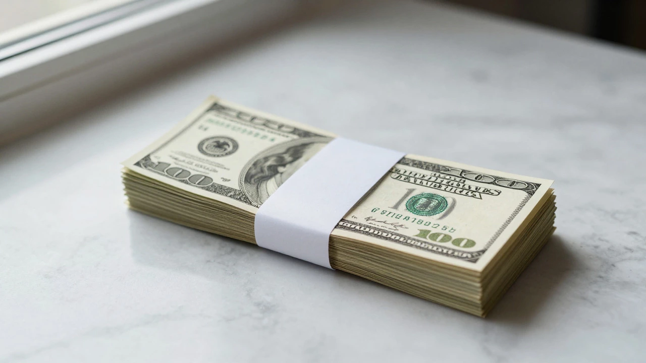 A banded bundle of hundred-dollar bills resting on a marble surface