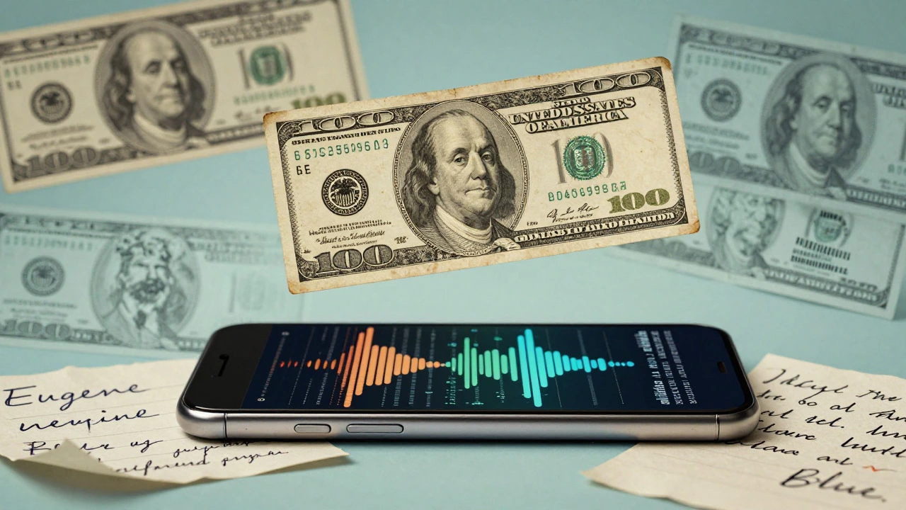 A conceptual collage showing a vintage dollar bill and modern phone