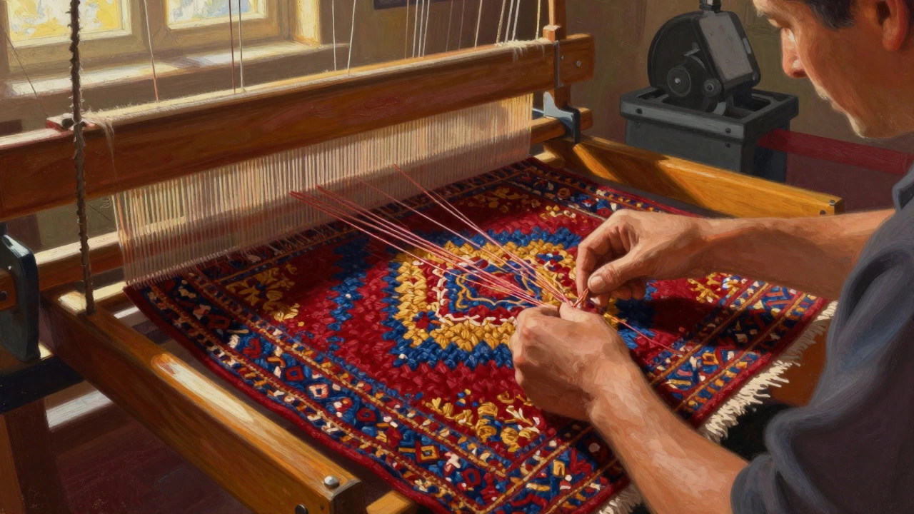 Artistic depiction of hands hand-knotting a rug on a loom