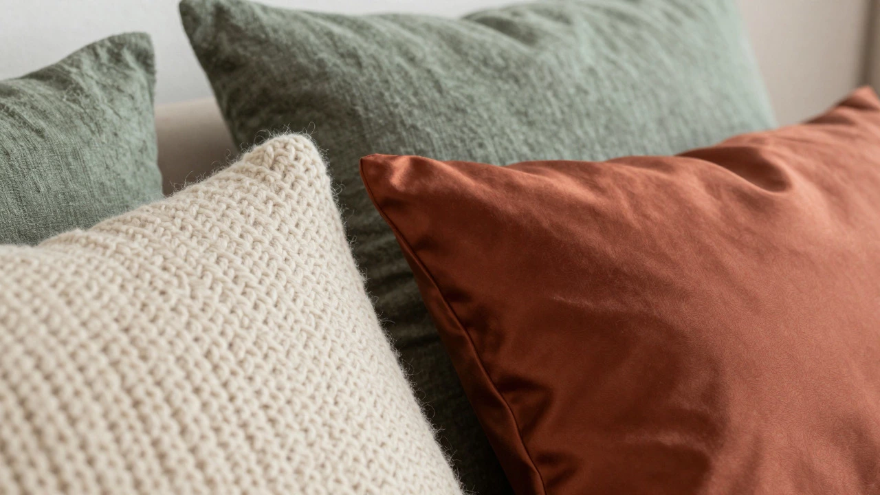 Close-up of chunky knit, satin, and linen pillows showing texture contrast