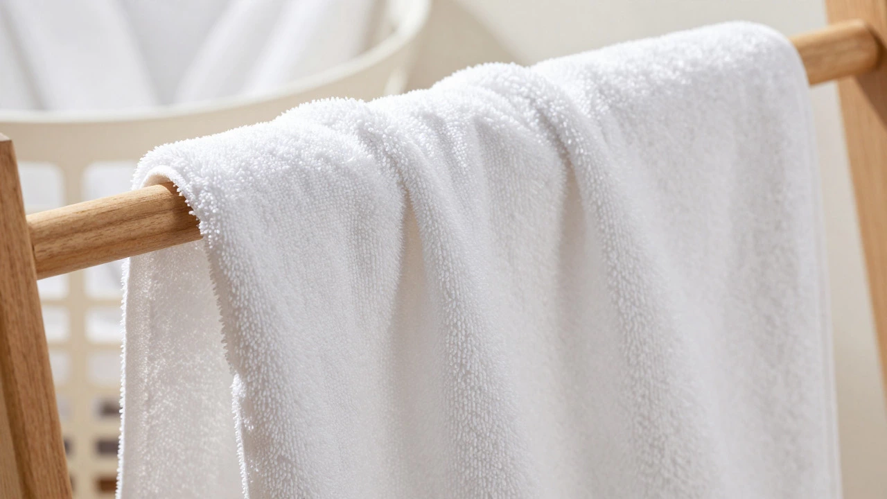 Close-up of soft white cotton towel texture hanging on a wooden drying rack