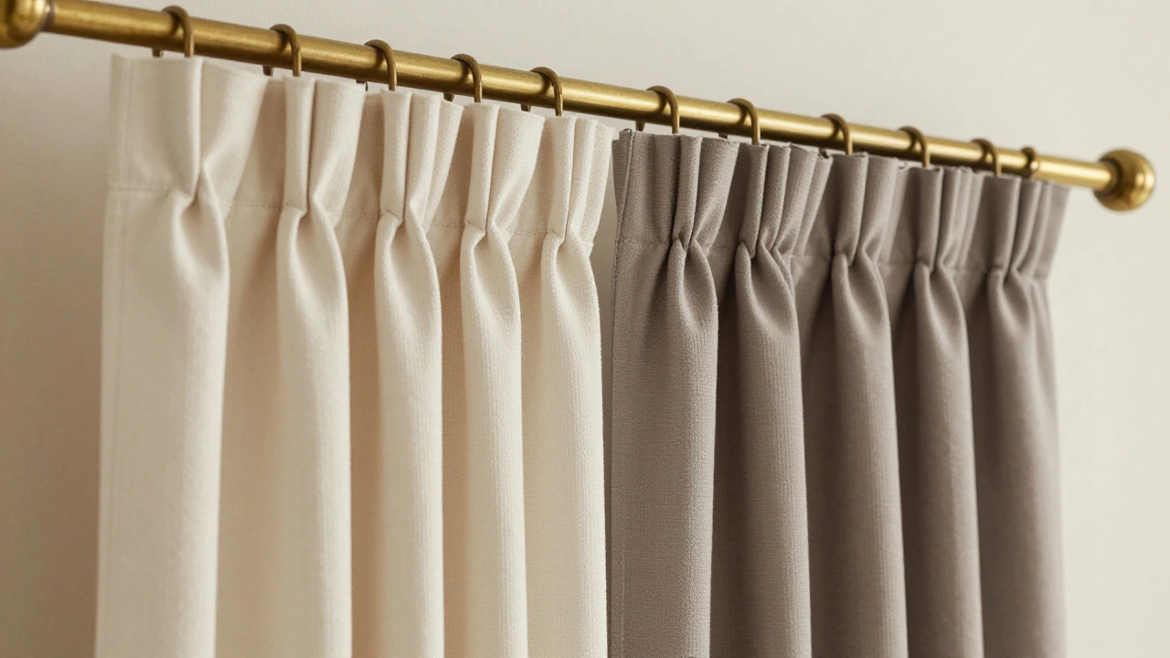 Close-up of various curtain heading styles including pinch pleat, pencil pleat, and grommet tops