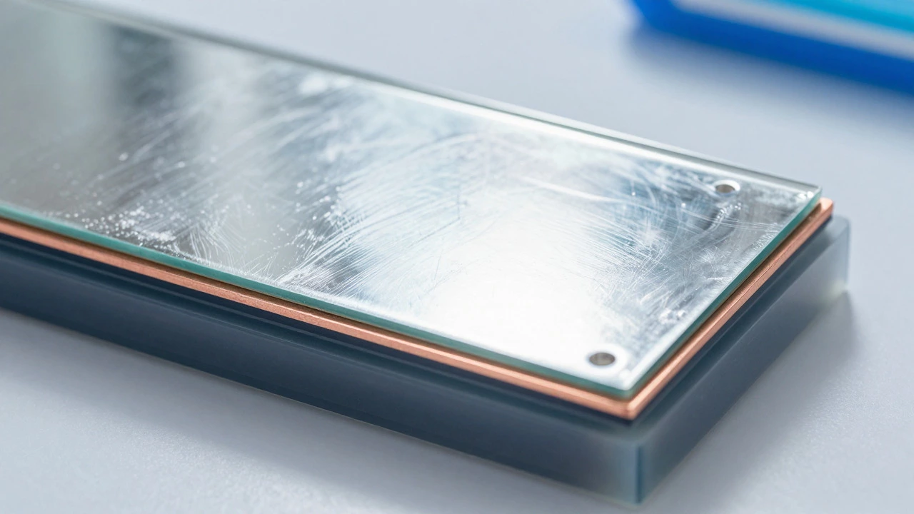 Cross-section diagram of silver and copper layers on mirror glass