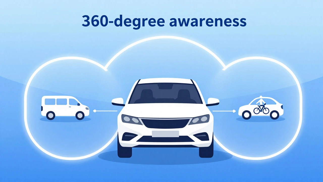 Diagram of car mirror coverage eliminating blind spots