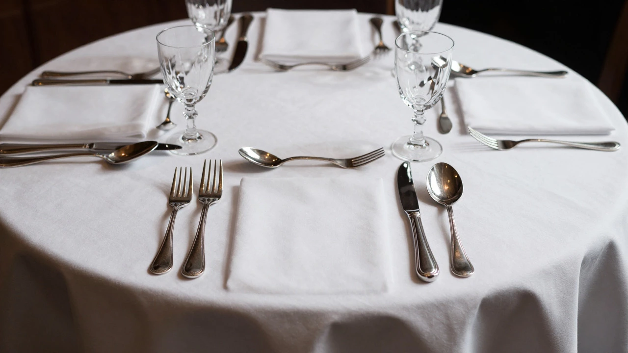 Formal dining place setting with arranged silverware and glassware