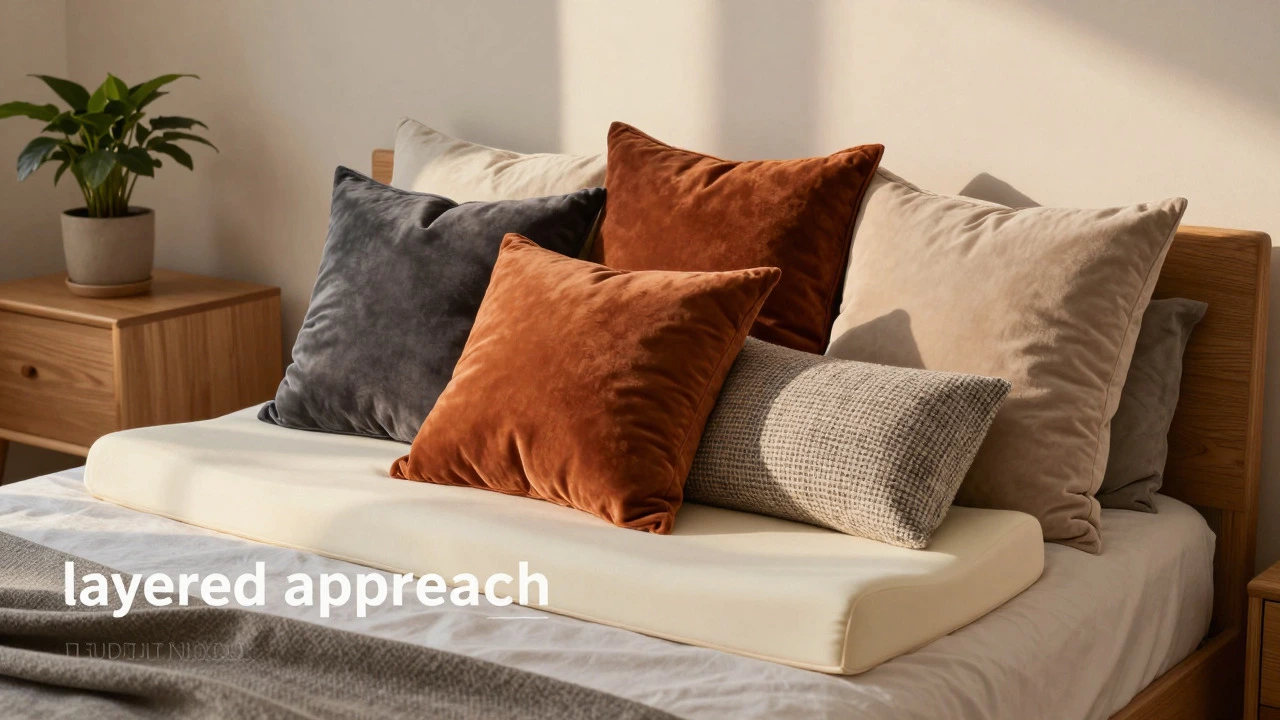 Layered bedroom pillows arranged in a pyramid style with varied fabrics