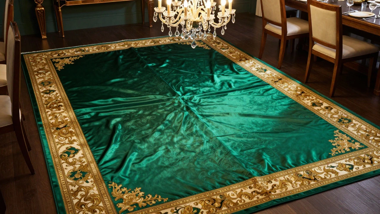 Luxurious iridescent silk rug in a formal dining room