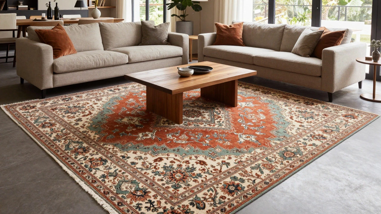 Luxury living room featuring a large hand-knotted wool rug