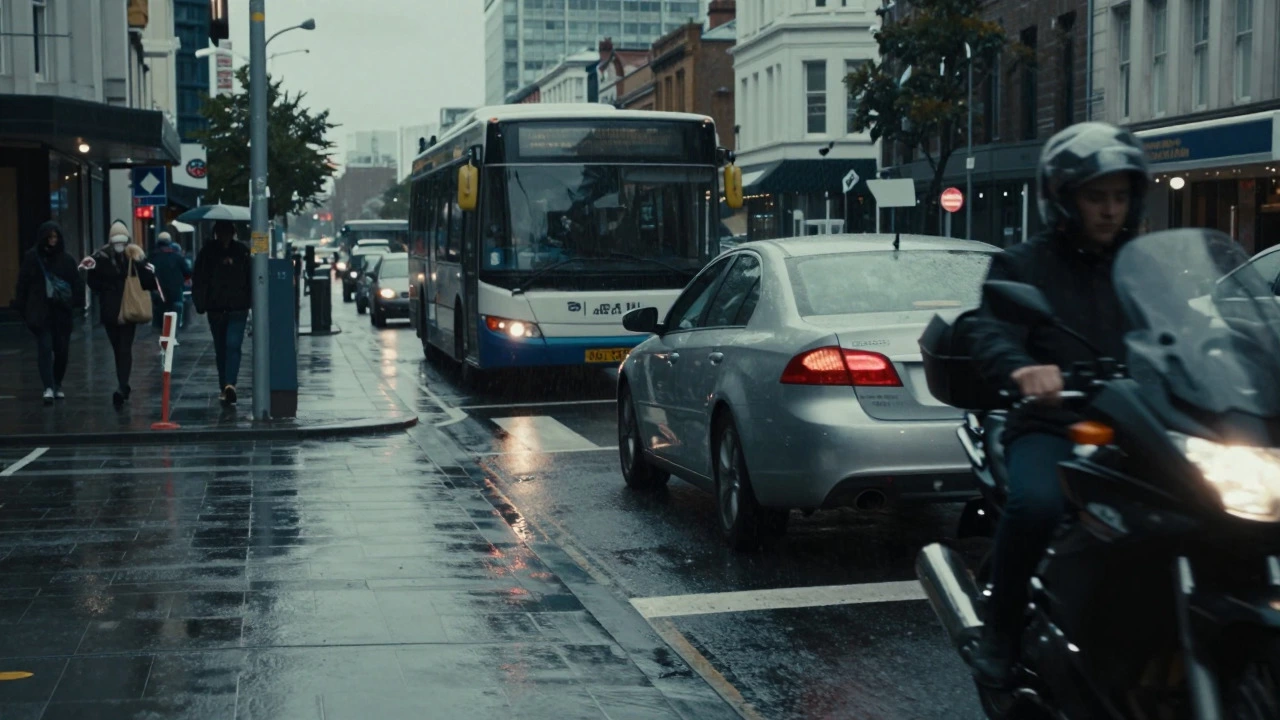 Motorcycle filtering past car at rainy crosswalk stop