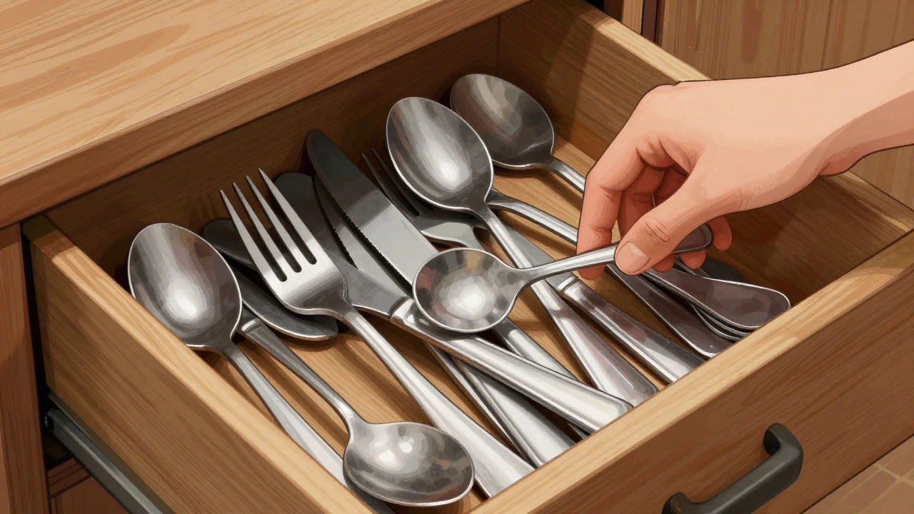 Open drawer containing assorted metal forks, spoons, and knives