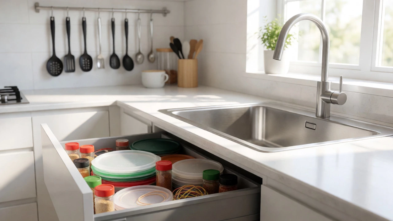 Open kitchen junk drawer filled with mismatched lids and spices.