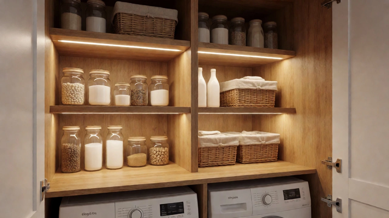 Organized kitchen pantry with lit wooden shelves