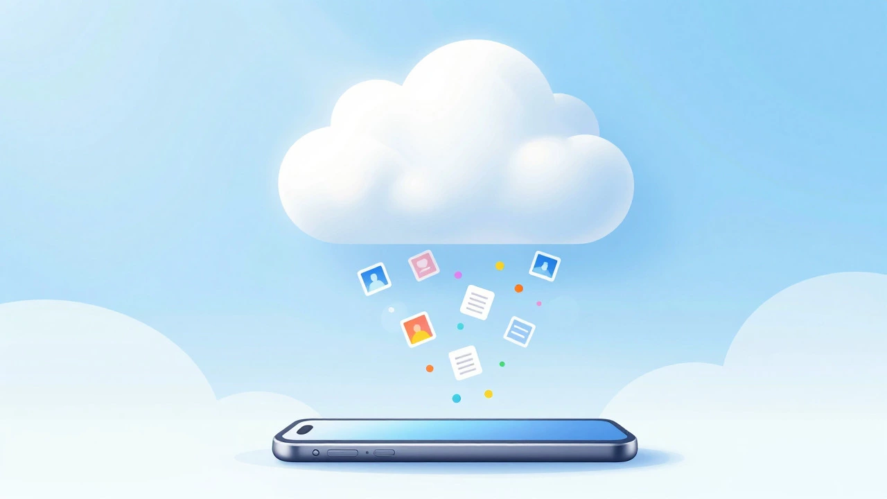 Phone uploading photos to a glowing cloud for storage space