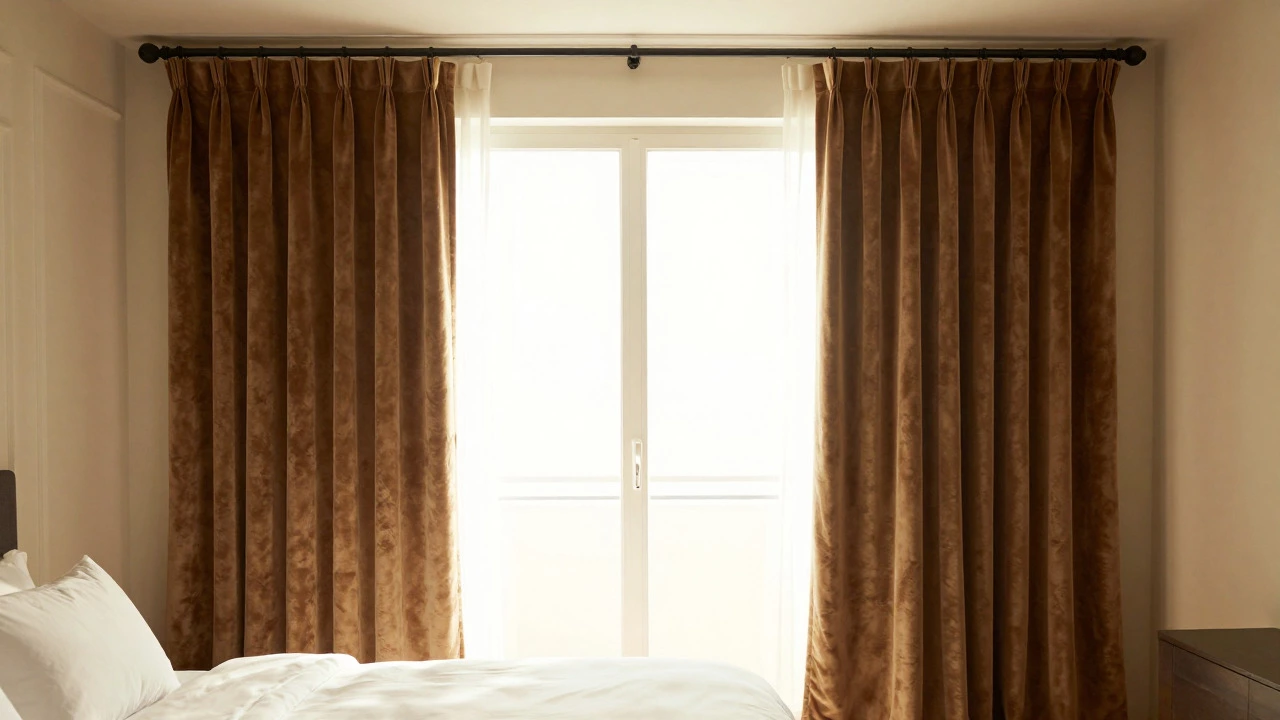 Plush velvet curtains pulled back on a wide outside mount rod, revealing the full window