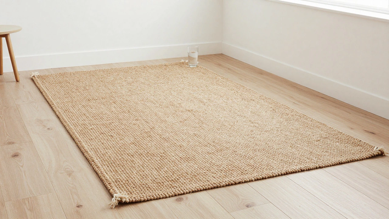 Rustic jute rug in a bright, minimalist bedroom setting