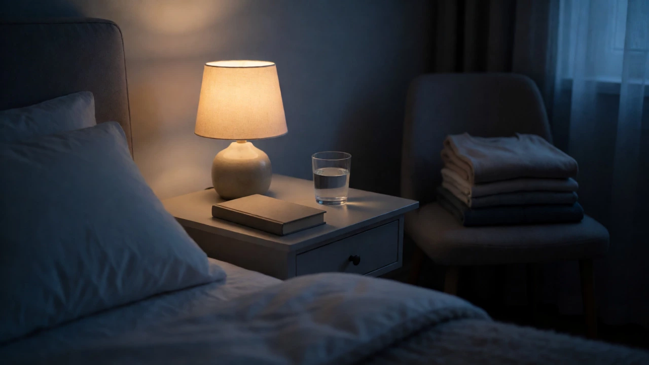 Serene, decluttered bedside table with lamp and book at twilight.