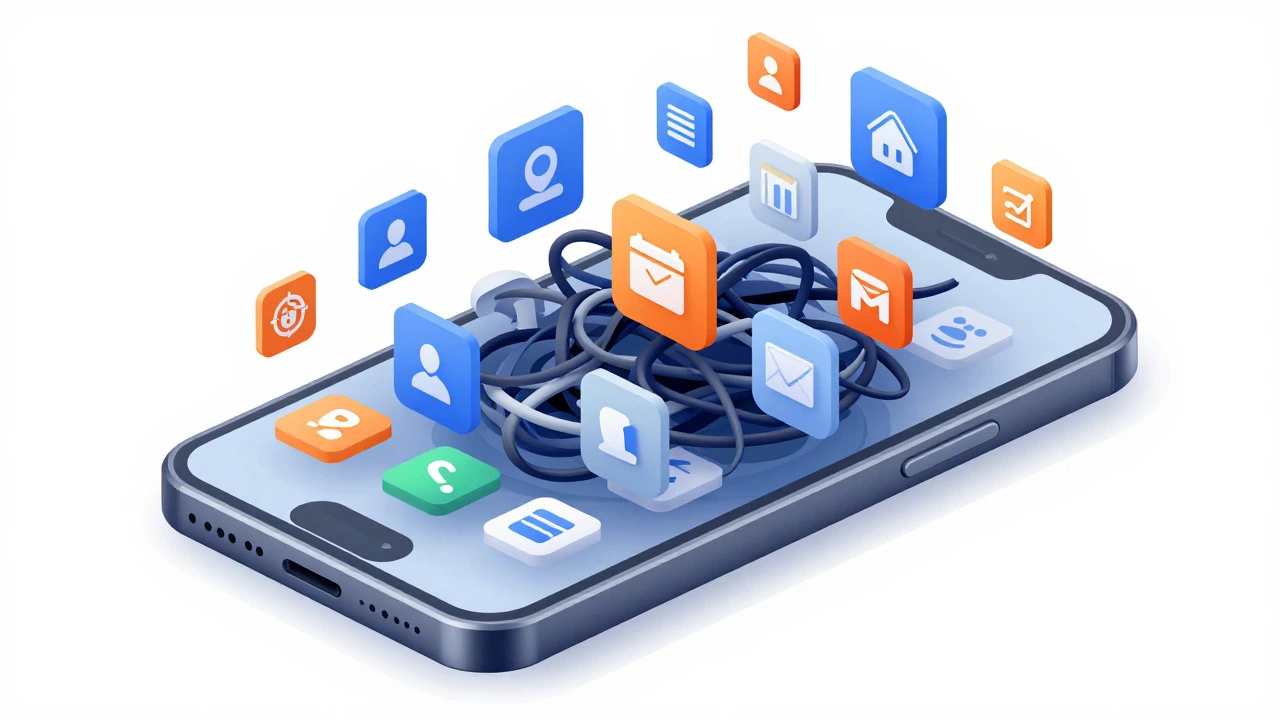 Transparent phone filled with messy digital files and app icons
