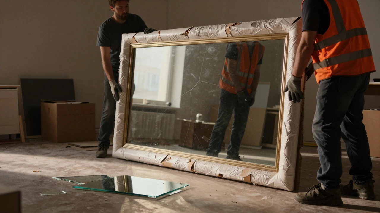 Workers carefully moving a large fragile mirror in a dim room