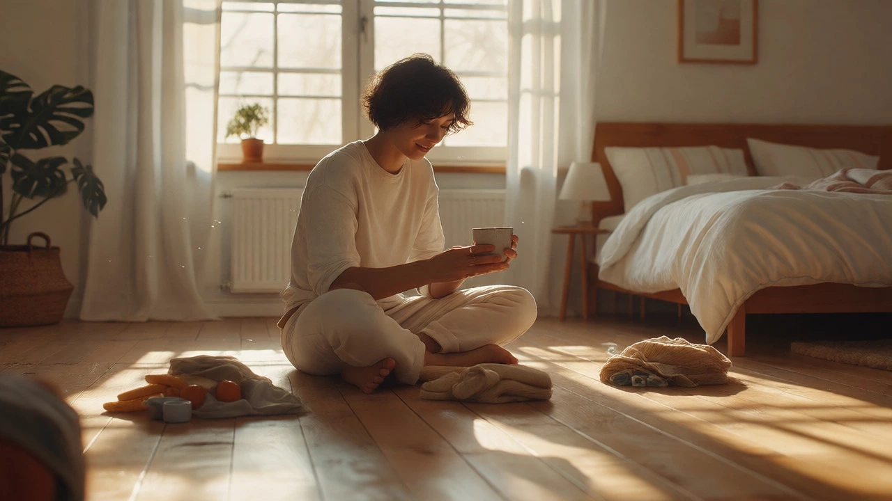 A person sitting on a clean floor sorting items into keep, donate, and trash piles.