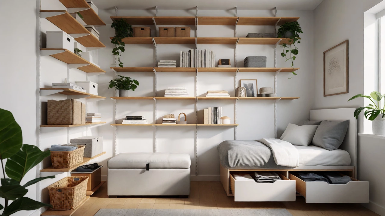 A tidy room with wall-mounted shelves and an ottoman hiding storage inside.