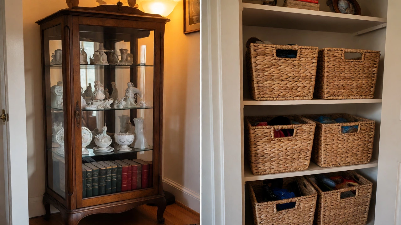 Antique curio cabinet protecting collectibles next to shelves organized with woven baskets.