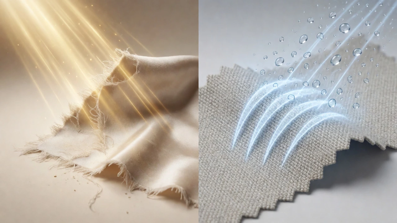 Artistic comparison of fragile natural fabric versus tough synthetic performance material