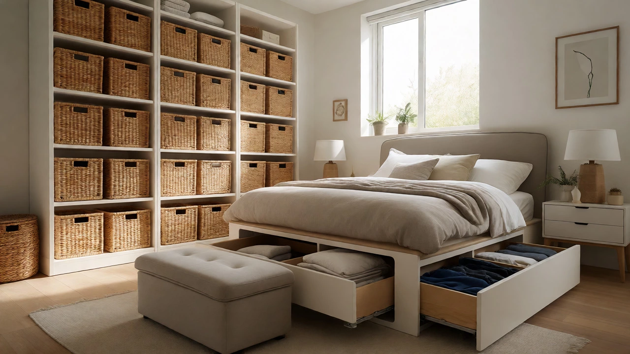 Bedroom with vertical shelving and bed frame featuring hidden storage drawers