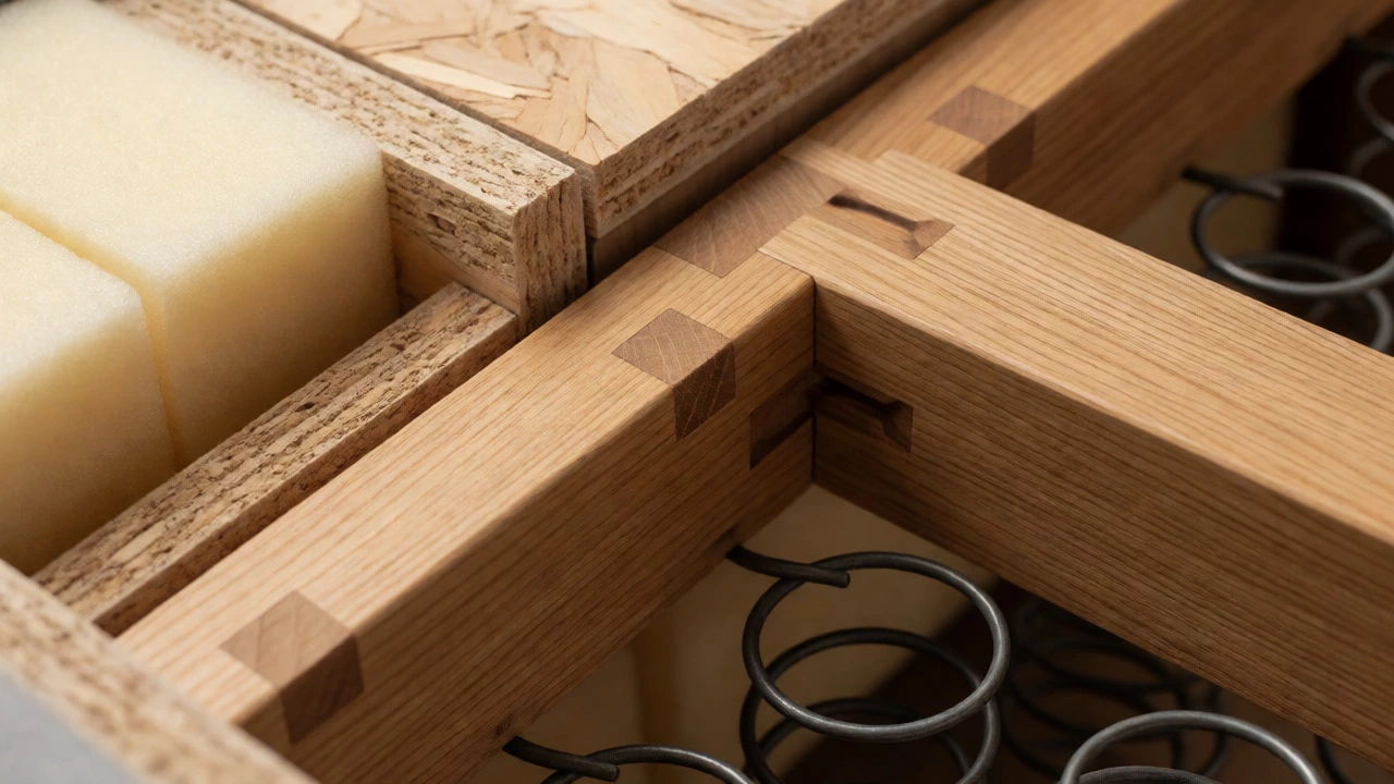 Close-up of hardwood sofa frame construction with sinuous springs and dense foam.